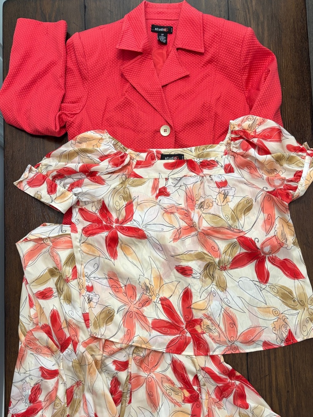 Studio Y Coral Red Jacket with Cream Floral Top & Skirt Set